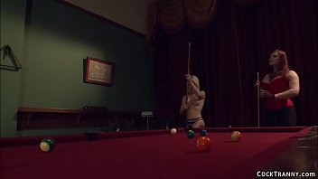Redhead TS fucks blonde after pool game