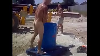 hot redneck strips fully naked  and takes a bath in public